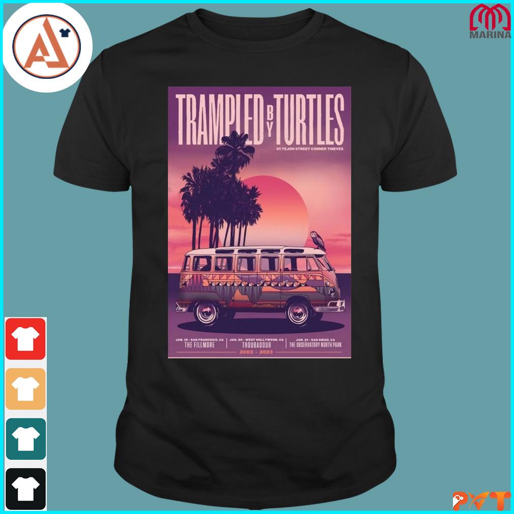 Official trampled by turtles 20 years 20th anniversary tour jan 19th 20th and 21st 2003 2023 California poster shirt