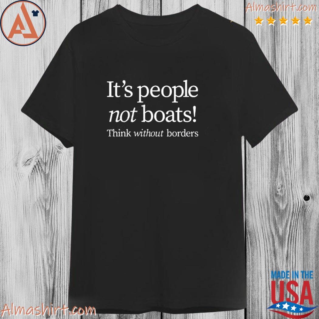 Alastair campbell wearing it's people not boats think without borders shirt