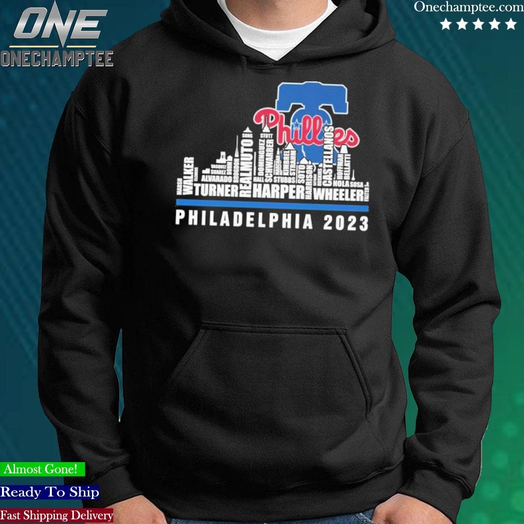 Official Philadelphia phillies 2023 season team players names in city T- shirt, hoodie, sweater, long sleeve and tank top