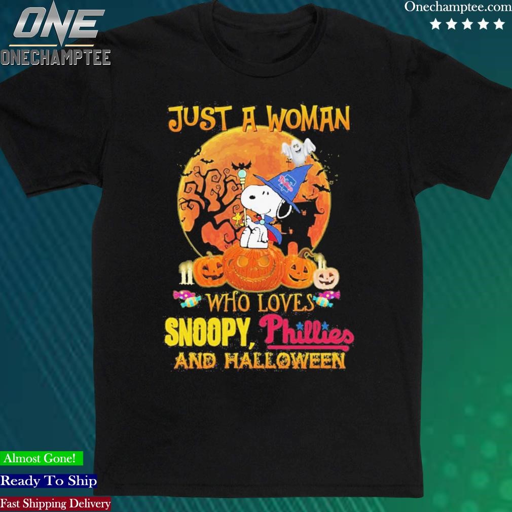 Official just A Woman Who Loves Snoopy Phillies And Halloween T Shirt