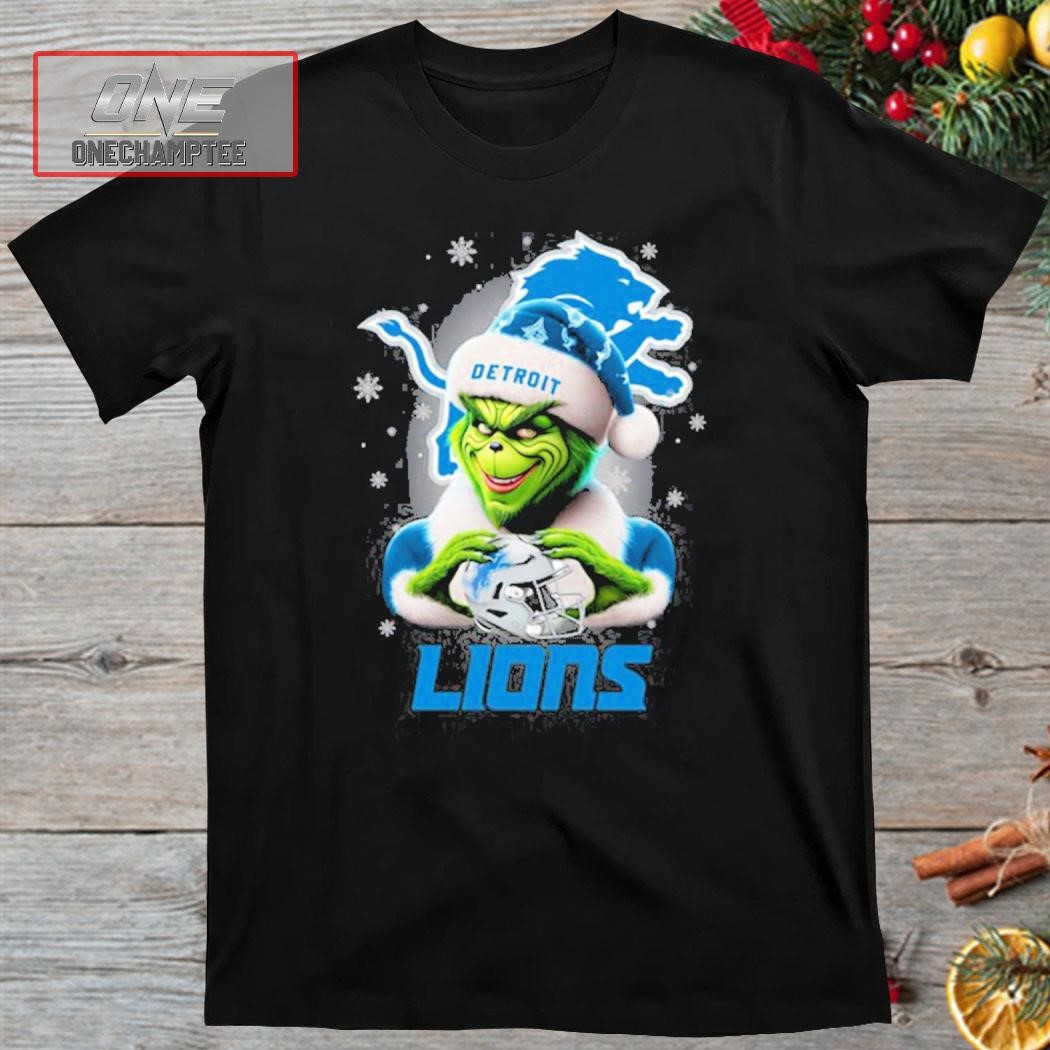 Grinch Hat Santa Detroit Lions Helmet Logo Merry Christmas Shirt