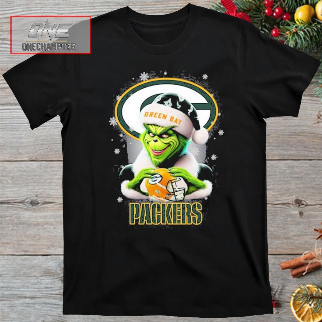 Grinch Hat Santa Green Bay Packers Helmet Logo Merry Christmas Shirt