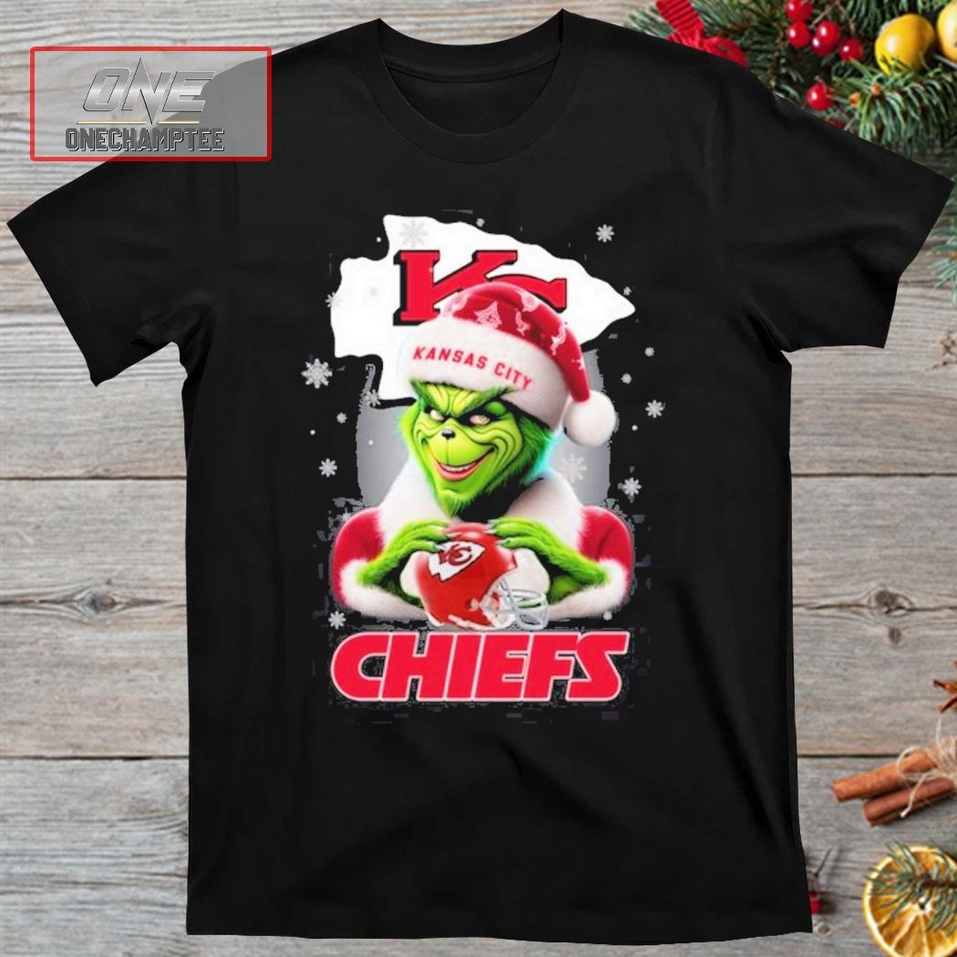 Grinch Hat Santa Kansas City Chiefs Helmet Logo Merry Christmas Shirt