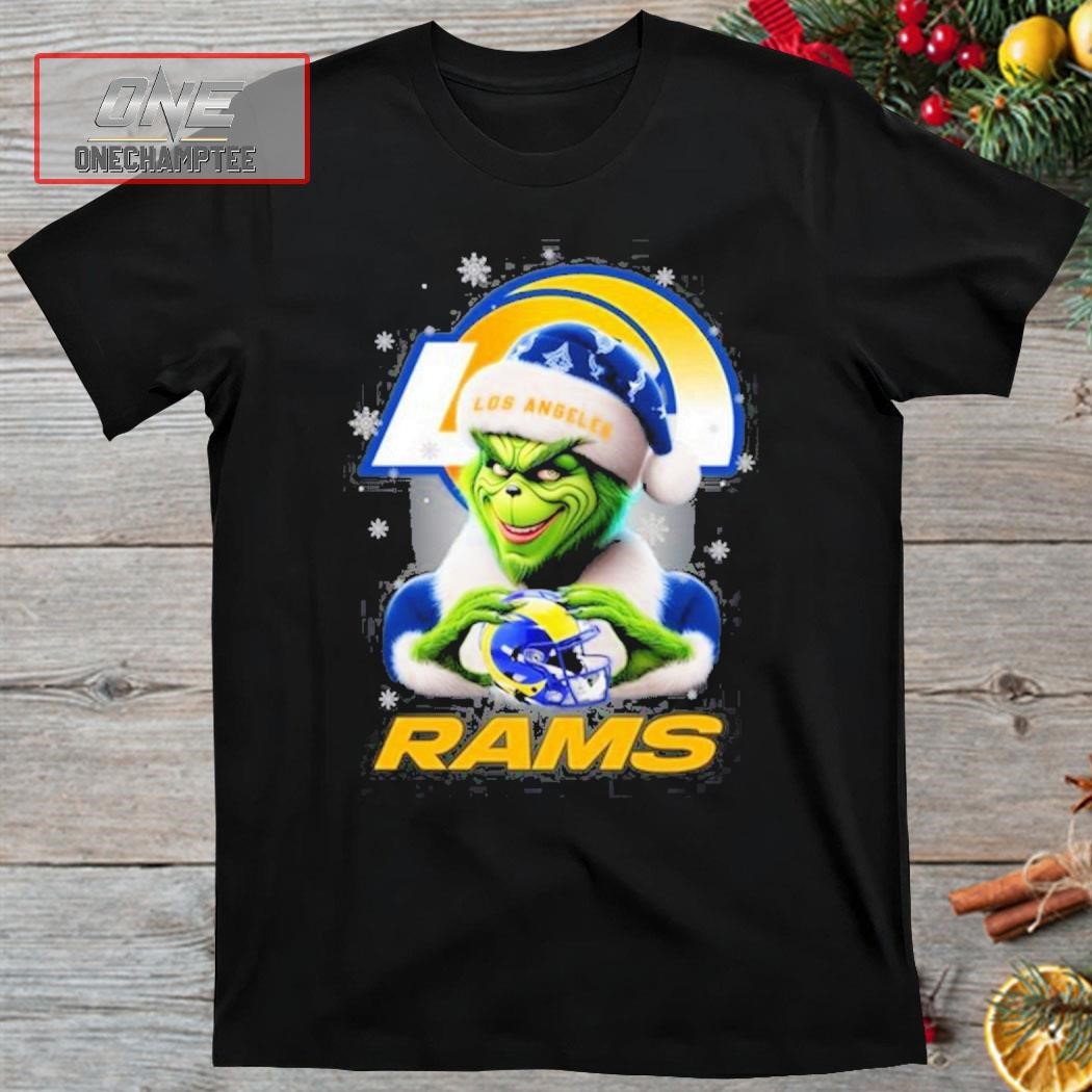 Grinch Hat Santa Los Angeles Rams Helmet Logo Merry Christmas Shirt