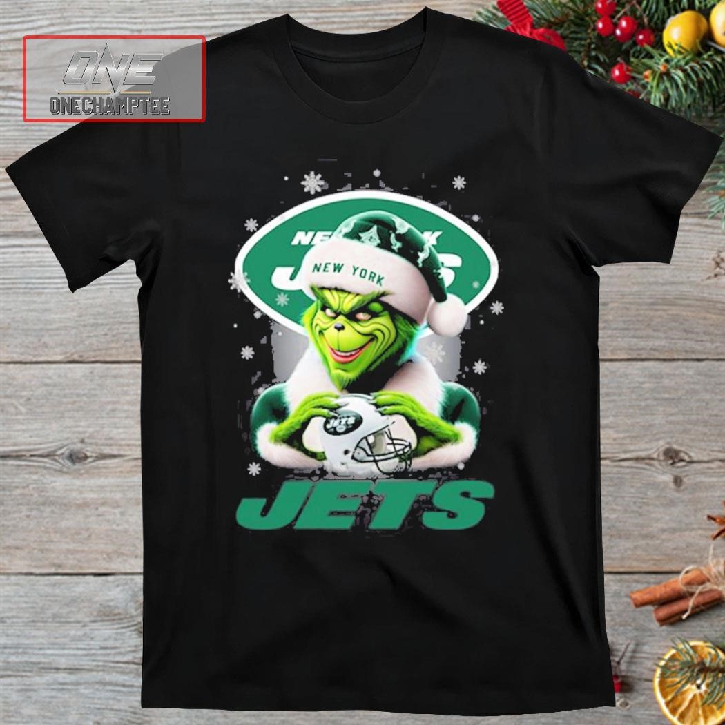 Grinch Hat Santa New York Jets Helmet Logo Merry Christmas Shirt