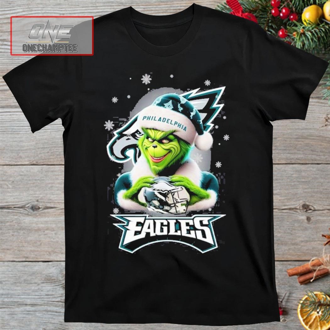 Grinch Hat Santa Philadelphia Eagles Helmet Logo Merry Christmas Shirt