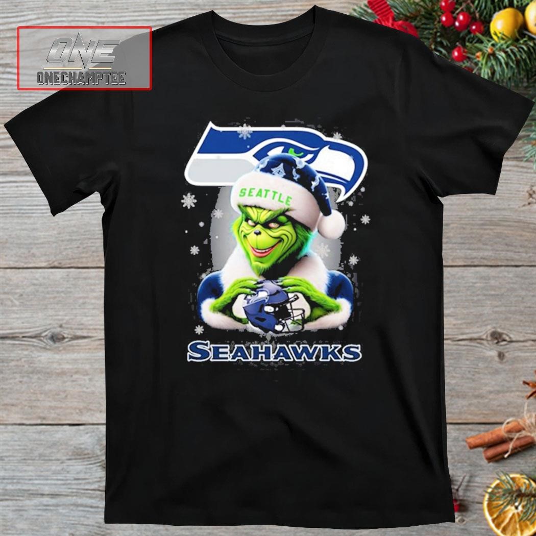 Grinch Hat Santa Seattle Seahawks Helmet Logo Merry Christmas Shirt
