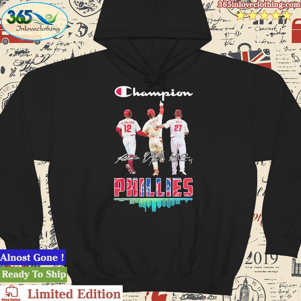 Official Philadelphia Phillies Skyline Champions Kyle Schwarber Bryce  Harper And Aaron Nola Signatures shirt, hoodie, sweater, long sleeve and  tank top